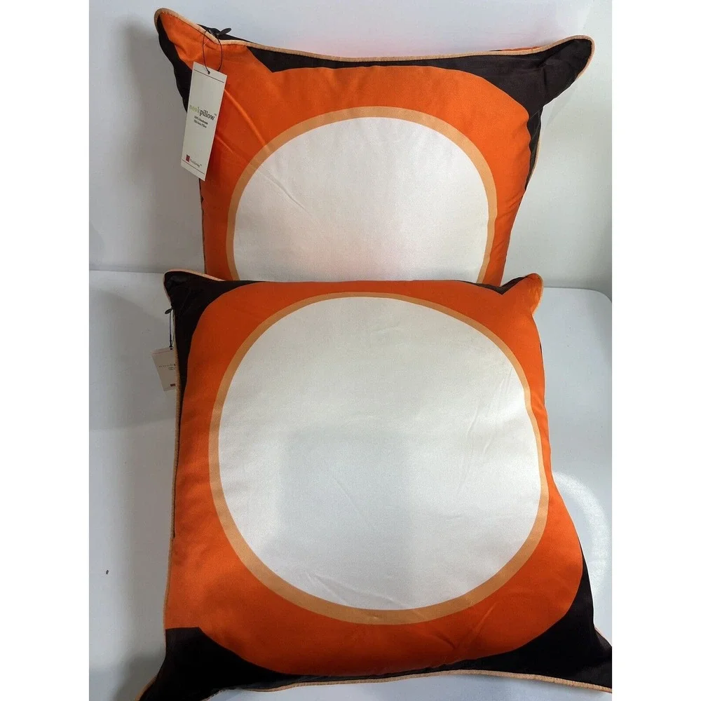 NEW Set Plush Living‎ Pillows 100% Silk Satin Orange Brown Geo Print Cozy MCM